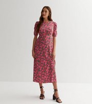 New Look Pink Floral Ruched Puff Sleeve Midi Dress